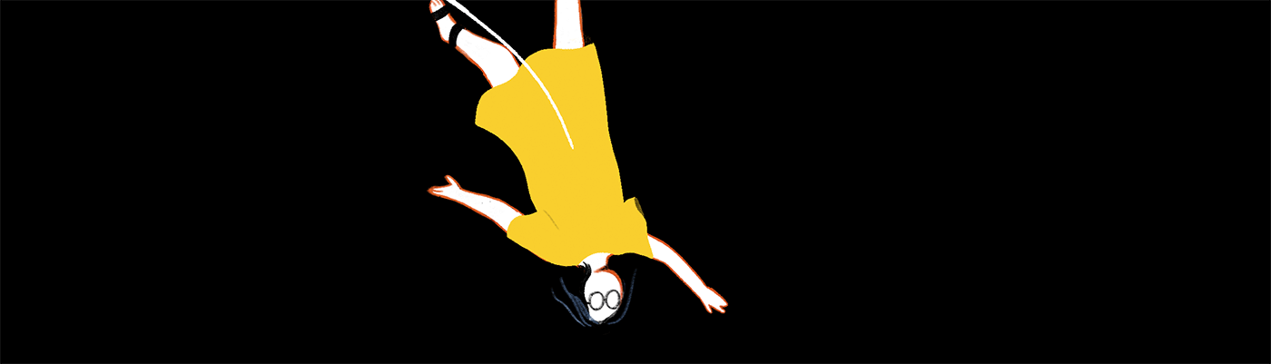 A woman floating downward, head first.